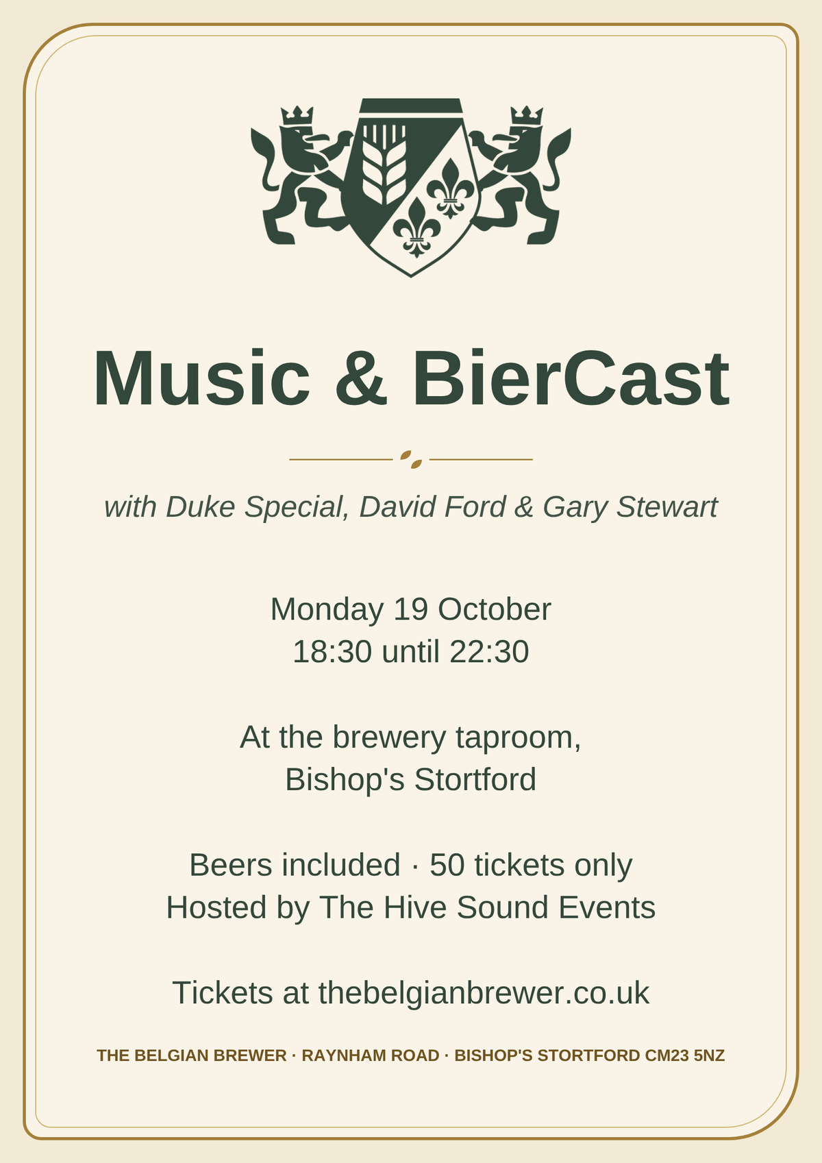 Music & BierCast poster: Monday 19 October, 18:30 until 22:30, at the brewery taproom in Bishop's Stortford, with Duke Special, David Ford and Gary Stewart