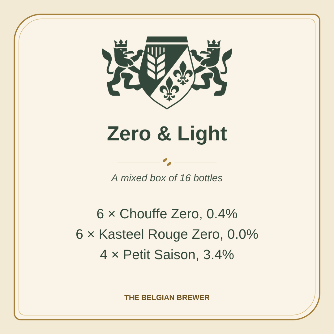 Zero & Light: 16 bottles, 6 Chouffe Zero 0.4%, 6 Kasteel Rouge Zero 0.0% and 4 Petit Saison 3.4%