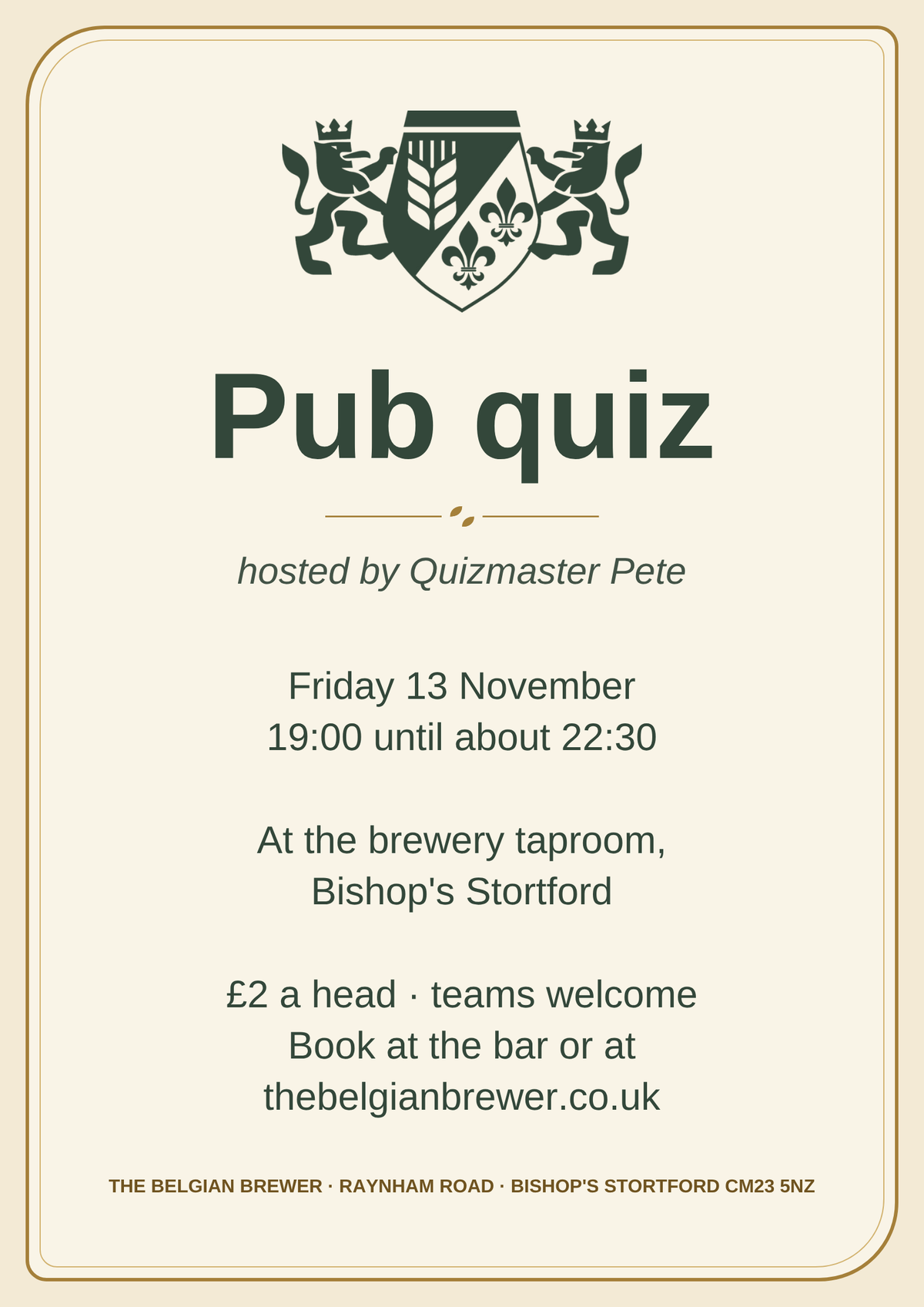 Pub quiz poster: Friday 13 November, 19:00 until about 22:30, at the brewery taproom in Bishop's Stortford, £2 a head
