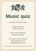 Music quiz poster: Friday 30 October, 19:00 until 22:30, brewery taproom, Bishop's Stortford, hosted by Quizmaster Pete, £2 a head