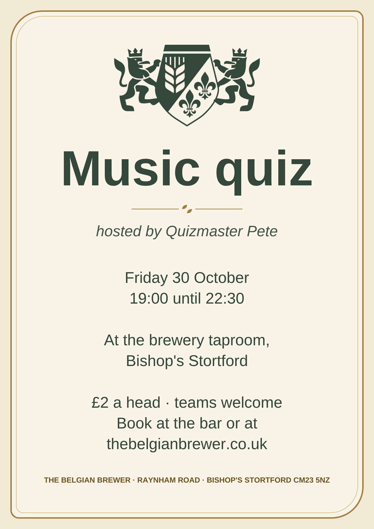 Music quiz poster: Friday 30 October, 19:00 until 22:30, brewery taproom, Bishop's Stortford, hosted by Quizmaster Pete, £2 a head