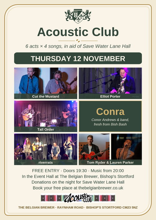 Acoustic Club charity night poster, Thursday 12 November, The Belgian Brewer Bishop's Stortford