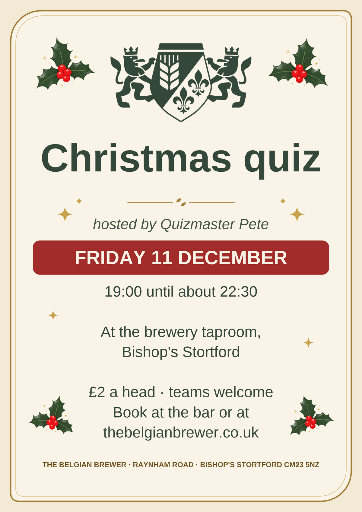 Christmas quiz poster: Friday 11 December, 19:00 until about 22:30, at the brewery taproom in Bishop's Stortford, hosted by Quizmaster Pete, £2 a head