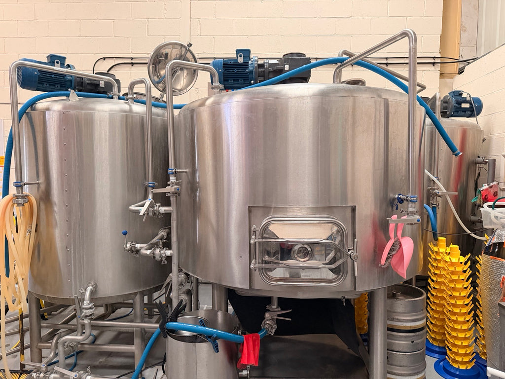 The brewhouse at The Belgian Brewer in Bishop's Stortford: stainless steel mash tun and kettle, with kegs stacked beside them